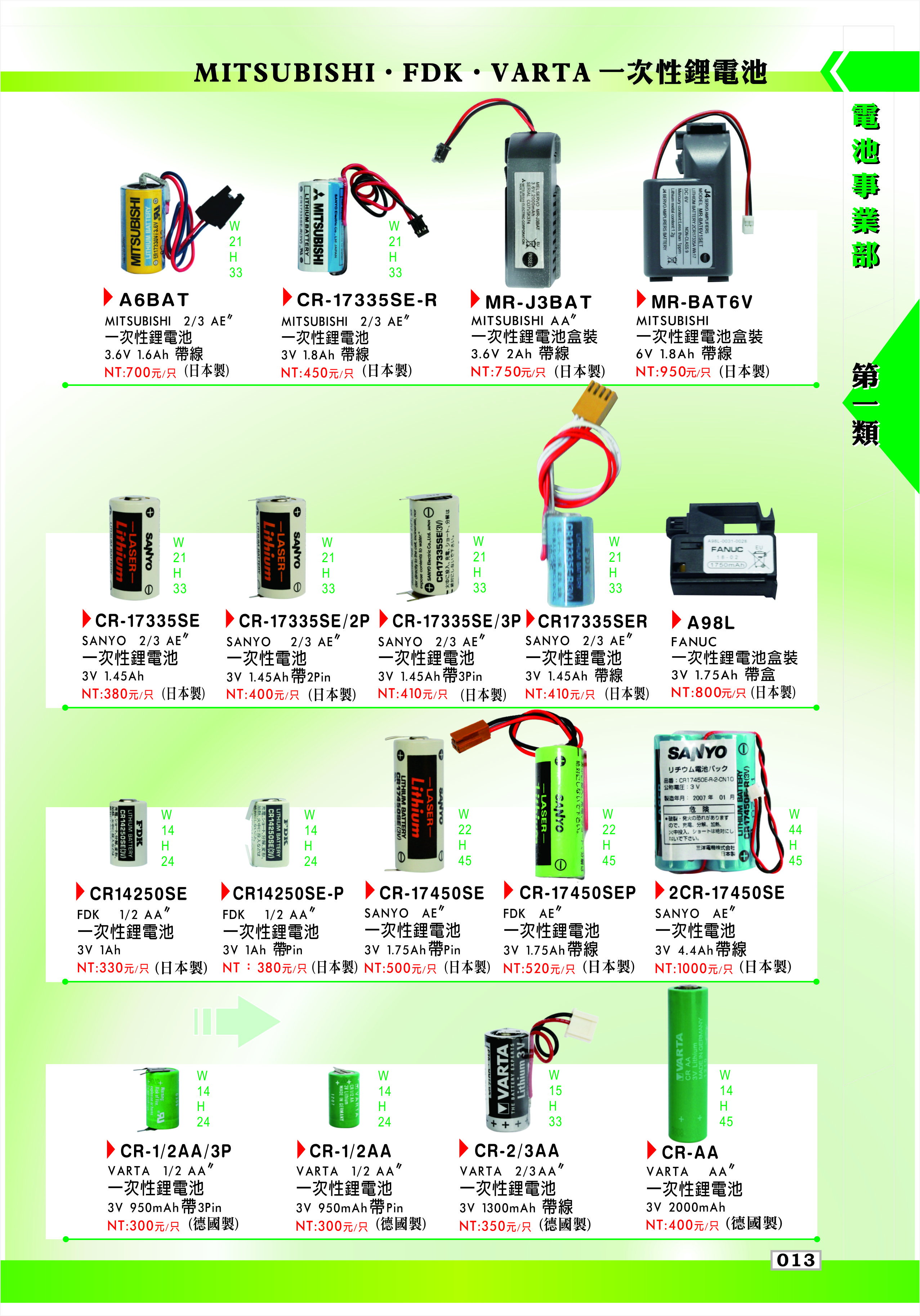 MITSUBISHI．FDK．VARTA一次性鋰電池